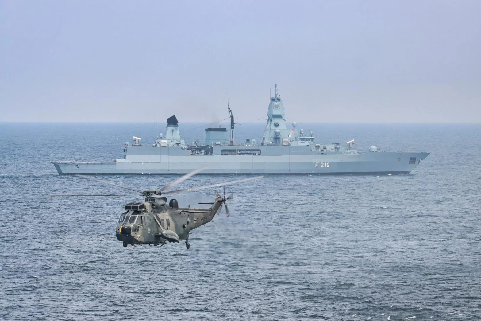 Westland WS-61 Sea King Helicopter Flying From the Deck of the German Frigate Sachsen