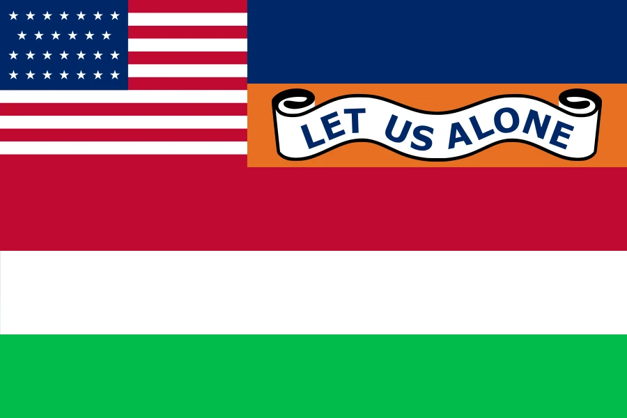 Flag combining American and Hungarian elements. The top portion features a US flag design with red and white stripes and stars on a blue field. In the center, an orange banner with decorative curls contains the text 'LET US ALONE' in blue capital letters. The bottom portion consists of horizontal bands of red, white, and green, matching the traditional Hungarian tricolor flag colors. This appears to be a historical or protest flag combining American independence themes with Hungarian national identity.