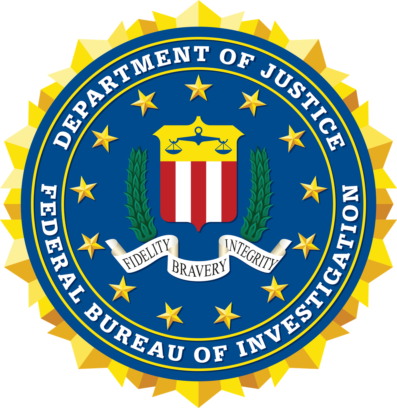 The Federal Bureau of Investigation (FBI) seal featuring a blue circular center with 13 golden stars, encircled by a golden sunburst border. The center contains a red and white striped shield topped with golden scales of justice, flanked by green laurel branches. A banner below displays the FBI's motto "Fidelity, Bravery, Integrity". The outer ring contains white text reading "Department of Justice Federal Bureau of Investigation".