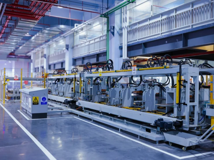 A view of the refrigerator manufacturing plant's fully automated side panel forming line.Translation: 