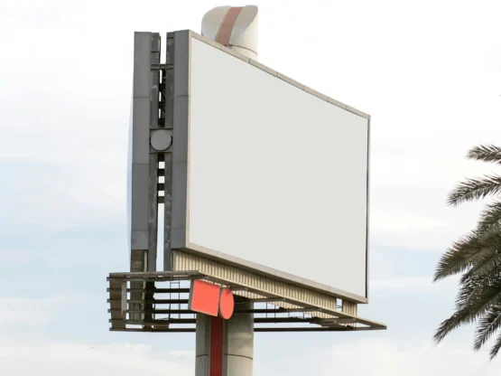 Large blank billboard against a cloudy sky with a palm tree visible to the left. The modern billboard structure features a white display surface, industrial metal support beams, and a red accent panel. The billboard appears to be digital or illuminated, mounted on a tall pole in what looks like a Florida or tropical setting.