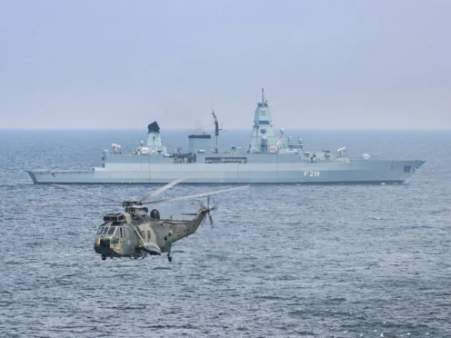 Westland WS-61 Sea King Helicopter Flying From the Deck of the German Frigate Sachsen